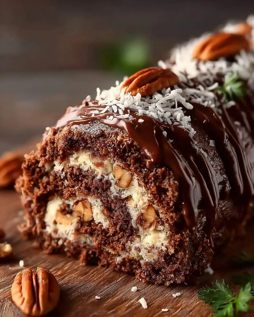 A decadent German Chocolate Cake Roll covered in chocolate glaze, shredded coconut, and whole pecans, revealing a creamy pecan filling.