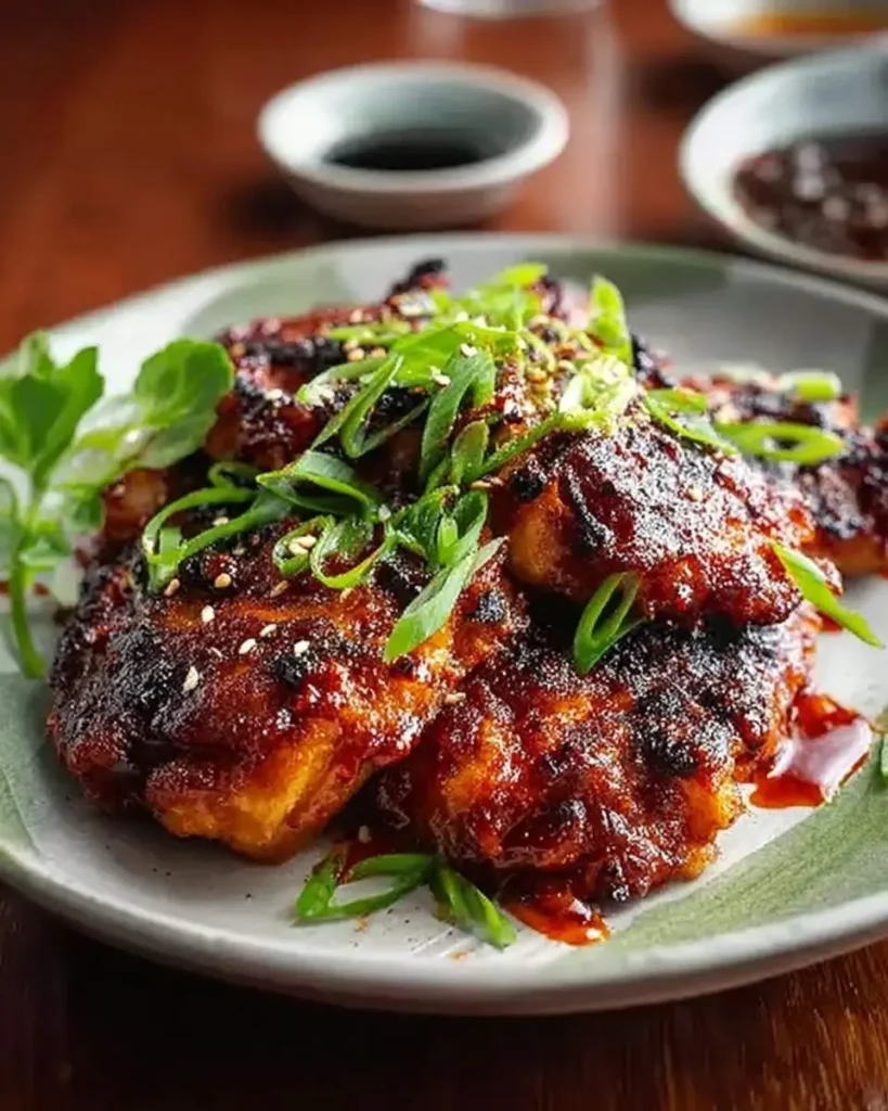 A plate of glossy, dark red Gochujang chicken garnished with fresh green onions and sesame seeds, with dipping sauces blurred in the background.