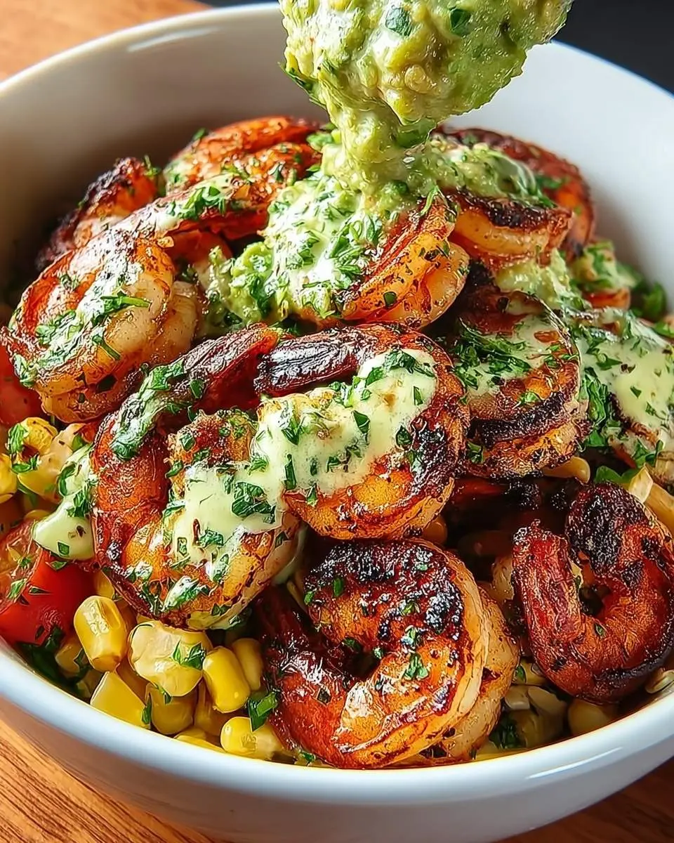 Grilled Shrimp with Avocado 4 A vibrant bowl featuring perfectly charred Grilled Shrimp with Avocado sauce, fresh corn, and diced red tomatoes.