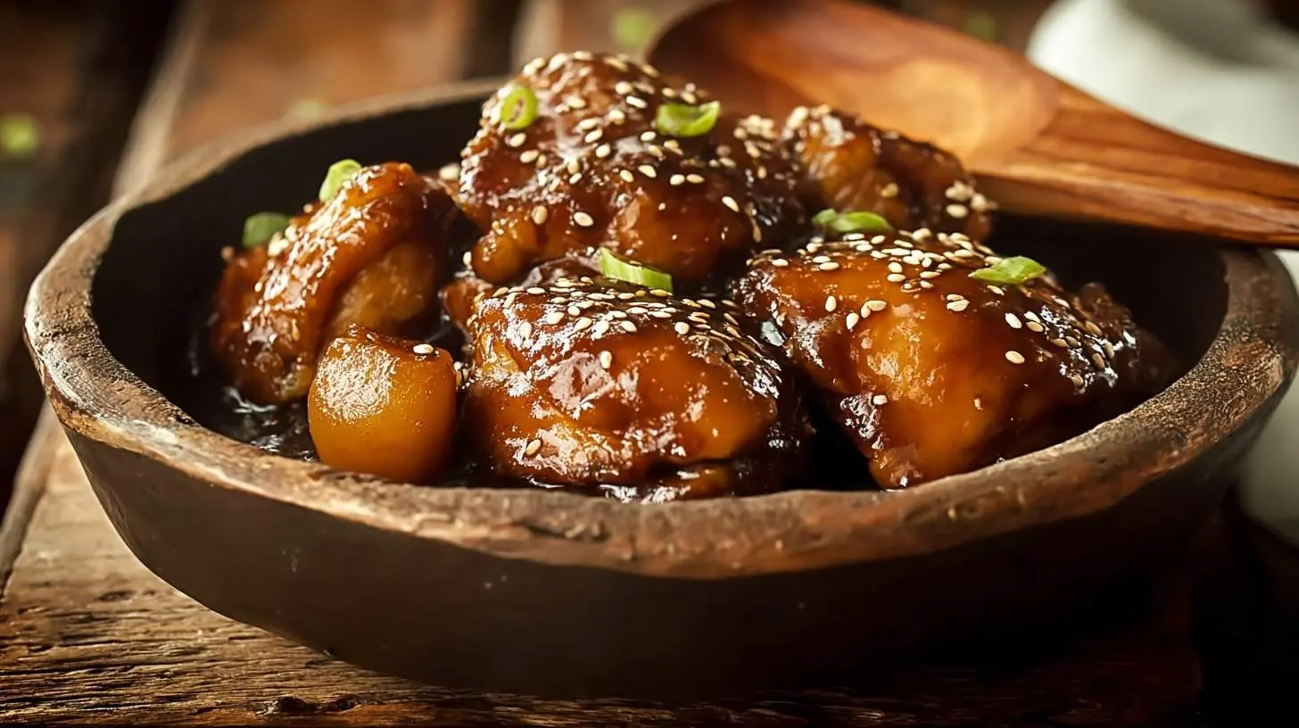 Close-up of Hawaiian Shoyu Chicken, glistening with a rich sauce and topped with sesame seeds and fresh green onions in a rustic bowl.