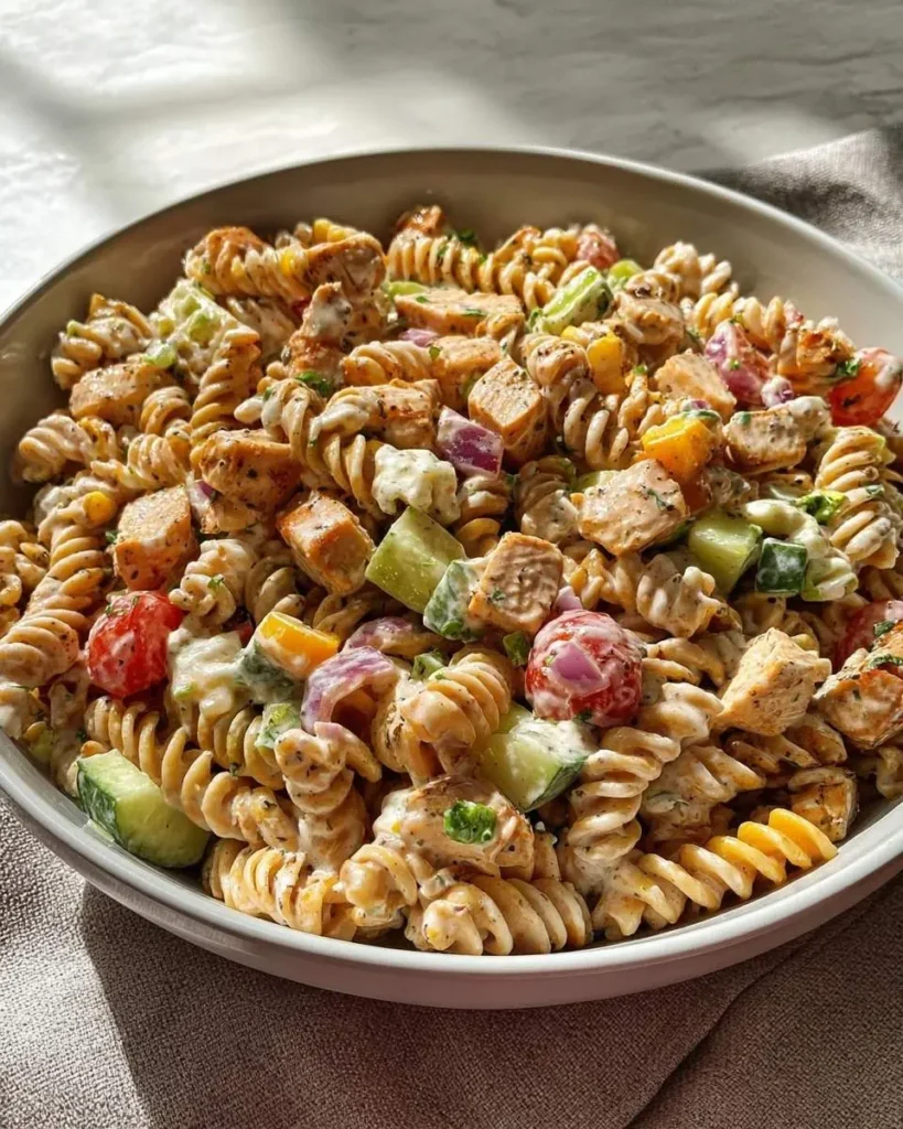 A close-up shot of a creamy High Protein BBQ Chicken Pasta Salad in a white bowl, featuring rotini pasta, chicken, cucumber, tomatoes, and red onion.