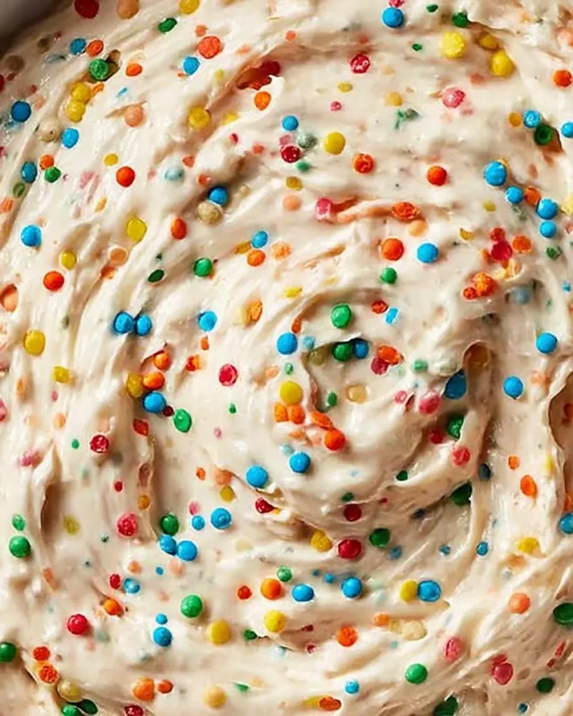 Close-up of a creamy, swirled High Protein Dunkaroo Dip filled with vibrant red, orange, yellow, green, and blue sprinkles.