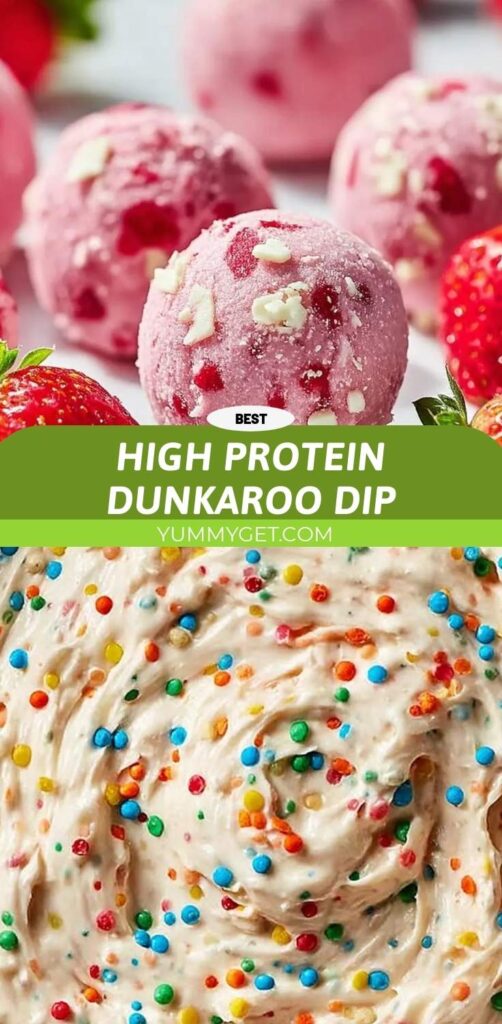 Pink strawberry protein balls with white chocolate pieces and fresh strawberries, a delicious High Protein Dunkaroo Dip alternative.