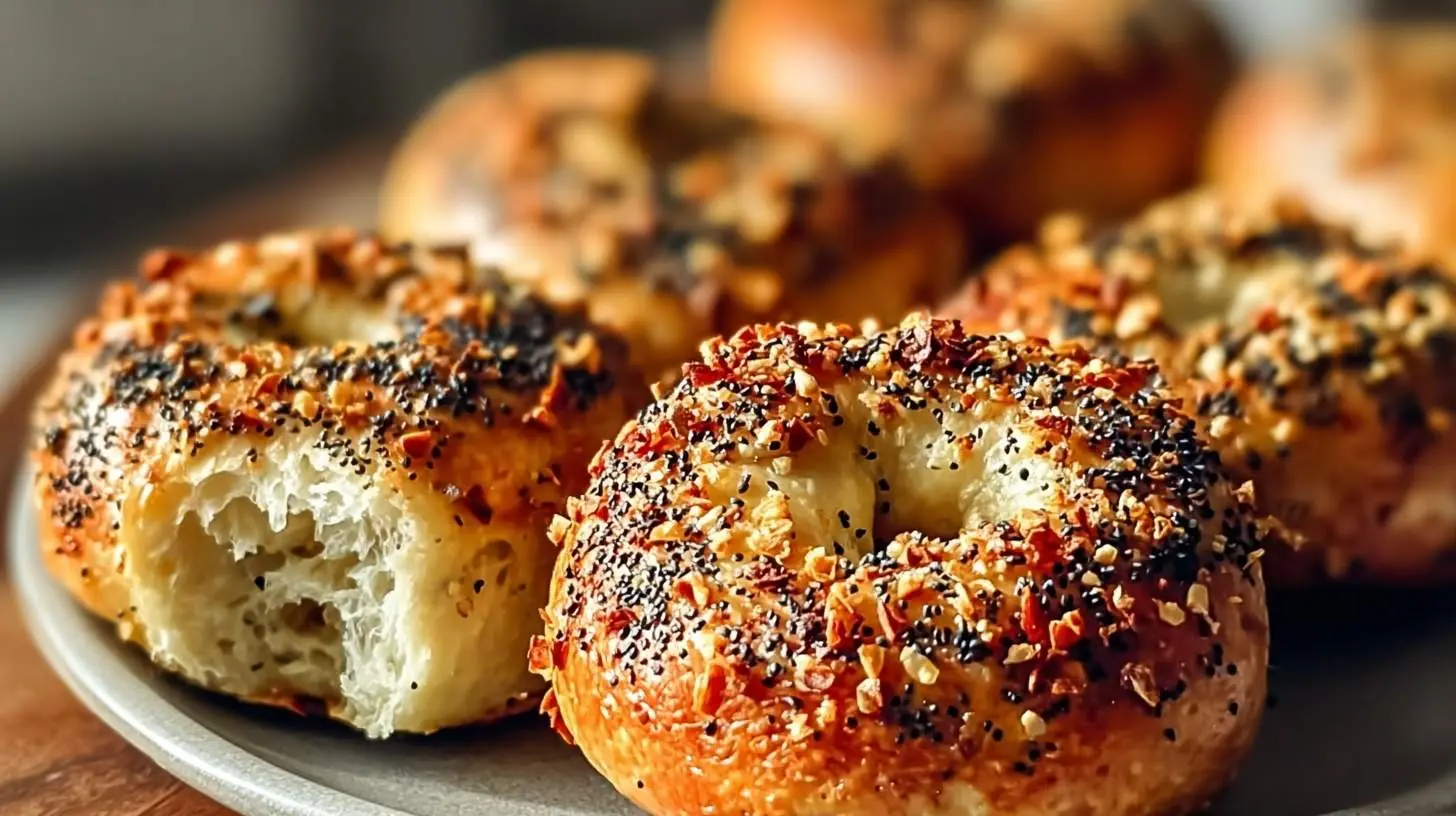 A close-up of several golden-brown High Protein Greek Yogurt Bagels with everything seasoning, one broken open to show its soft interior.