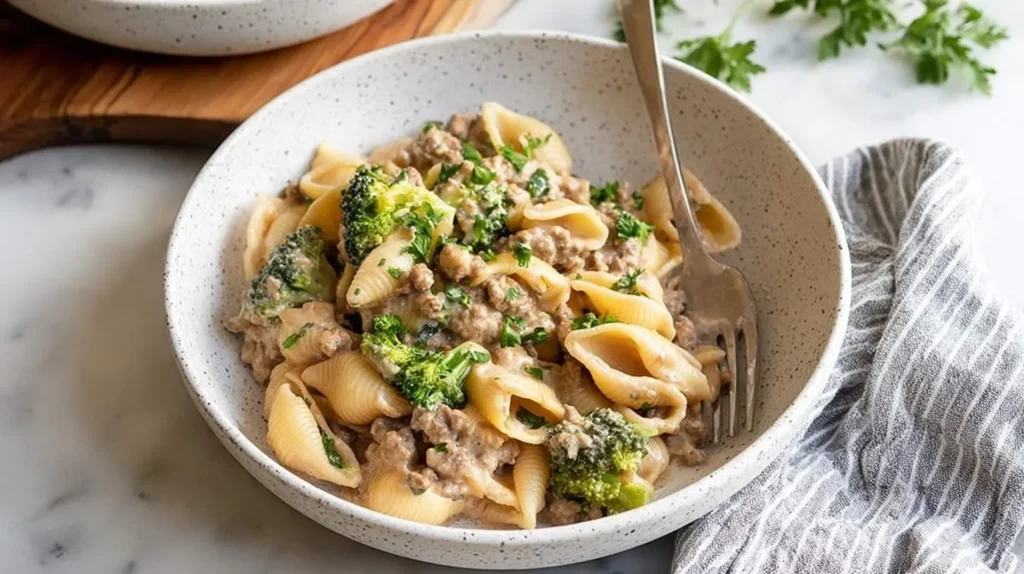 A white bowl filled with creamy pasta shells, ground beef, and broccoli, garnished with fresh parsley, making a delicious Homemade Hamburger Helper meal.