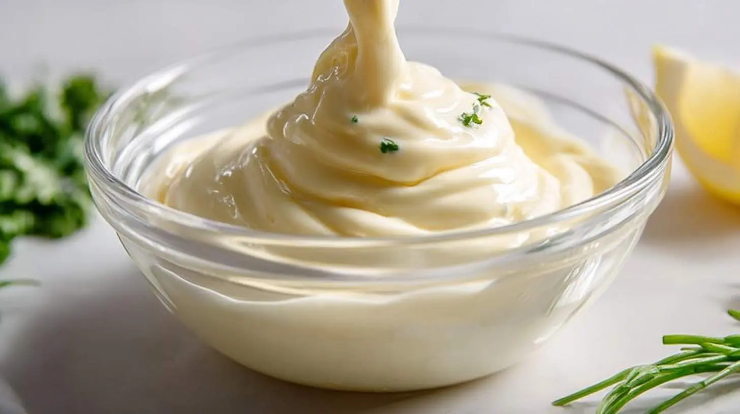 Creamy homemade mayonnaise being drizzled into a clear glass bowl, garnished with chopped herbs and a lemon wedge.