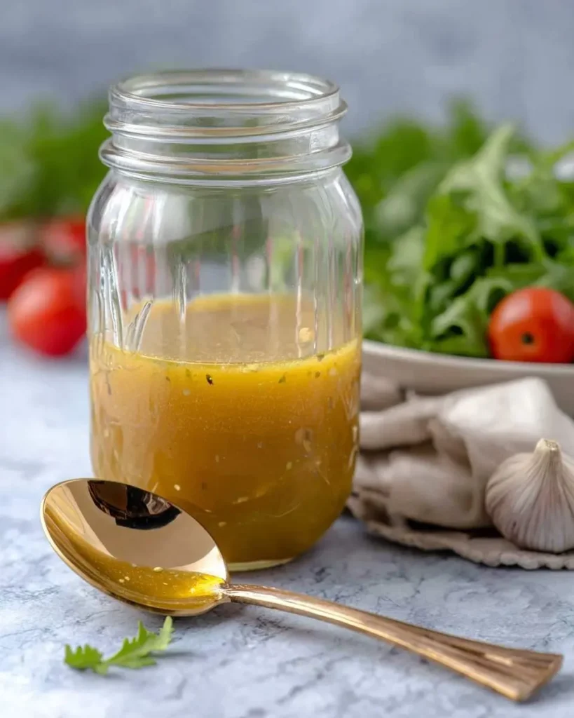 A clear glass jar filled with golden Honey Lime Vinaigrette, a shiny gold spoon, fresh greens, tomatoes, and garlic.