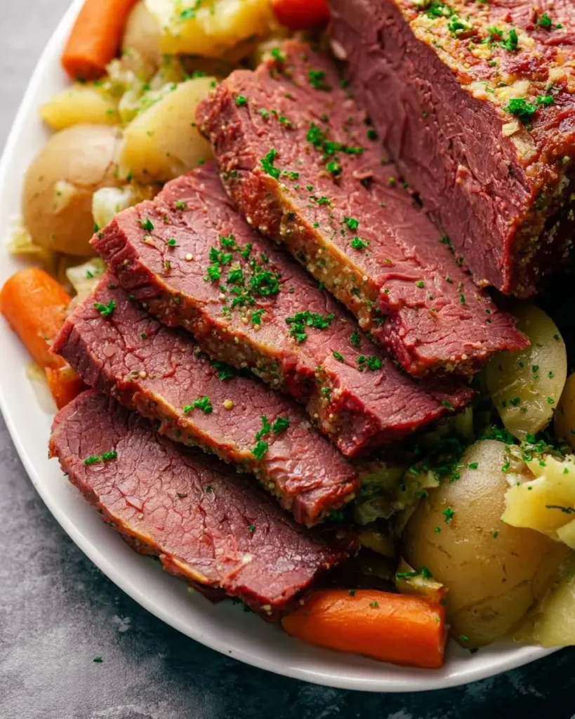 Platter with thinly sliced Instant Pot Corned Beef, vibrant carrots, golden potatoes, and cooked cabbage, garnished with parsley.