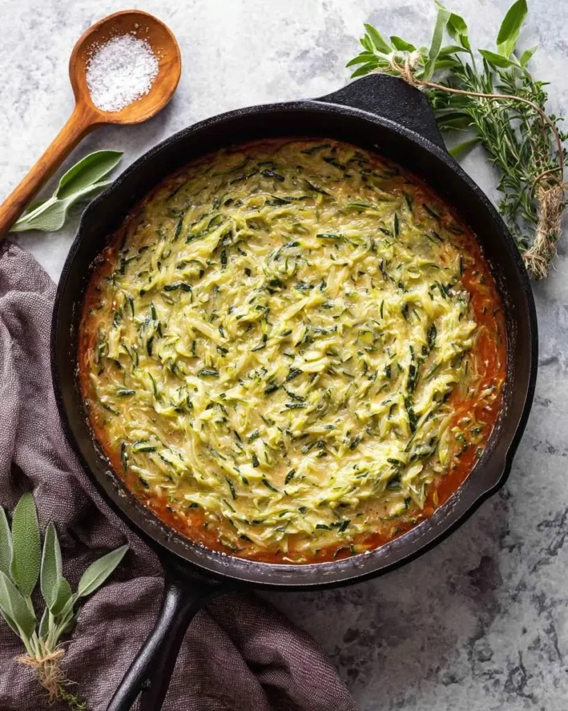 Overhead view of a cast iron skillet filled with a creamy, baked Italian Zucchini Sauce, surrounded by fresh herbs and a wooden spoon with salt.