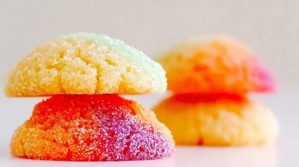 Two stacks of vibrant, sugar-coated Jello Sugar Cookies in cheerful colors like yellow, green, red, and purple.