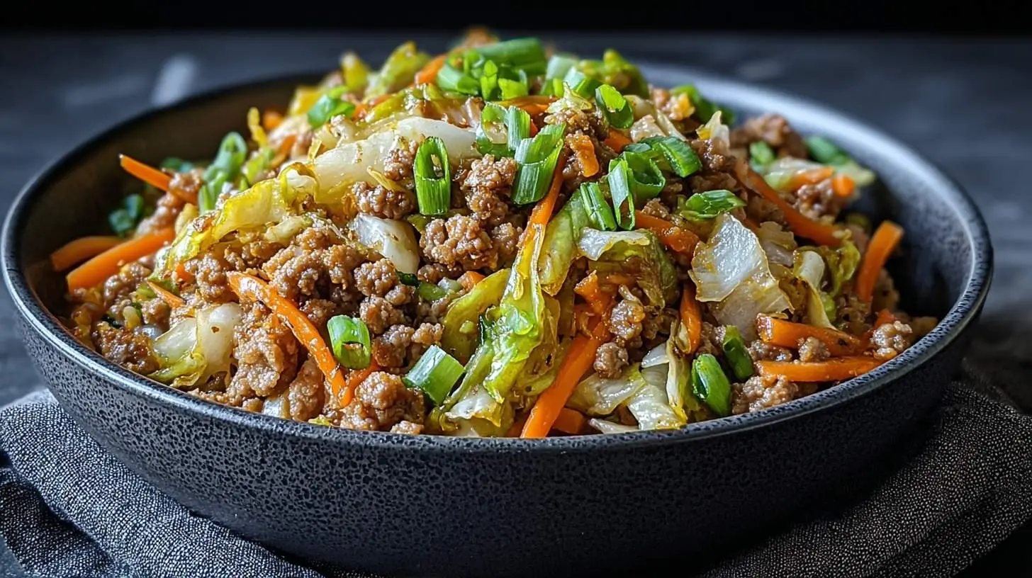 A close-up of a savory keto egg roll in a bowl, featuring ground meat, wilted cabbage, shredded carrots, and fresh green onions in a dark bowl.