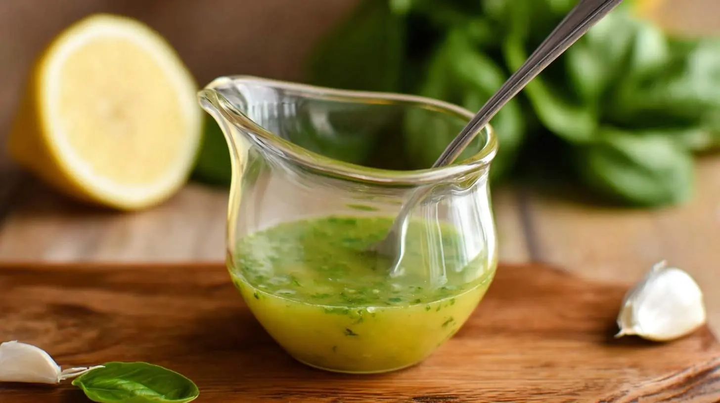 A glass pitcher filled with vibrant green Lemon Basil Vinaigrette, featuring a spoon, half a lemon, garlic, and basil leaves on a wooden board.