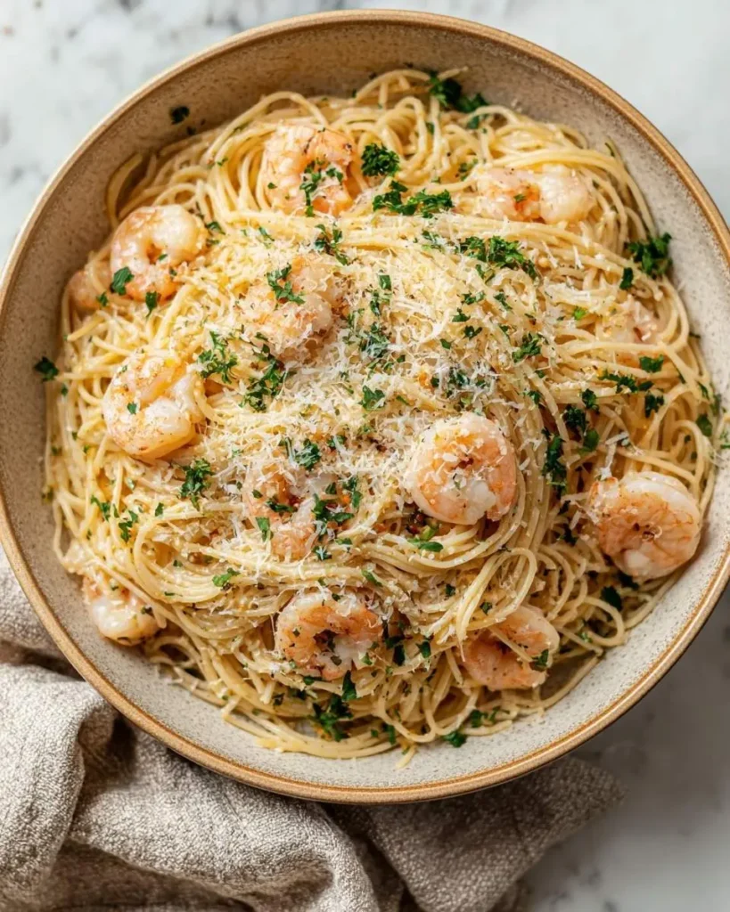 A close-up, overhead shot of a generous serving of Lemon Garlic Parmesan Shrimp Pasta in a rustic bowl, garnished with fresh parsley.
