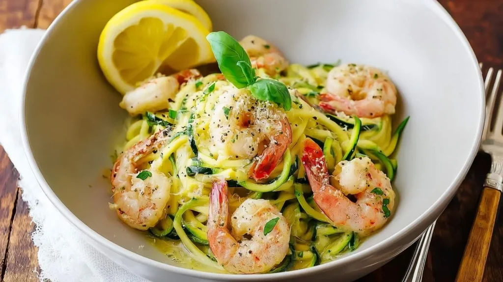 A close-up of a white bowl filled with vibrant Lemon Garlic Shrimp Zucchini Noodles, garnished with fresh basil and lemon slices.