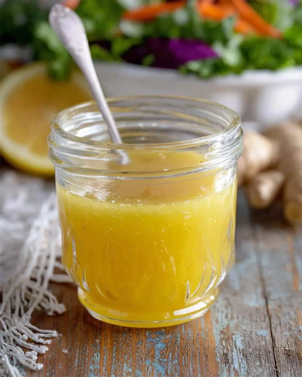 A vibrant yellow Lemon Ginger Salad Dressing in a glass jar with a spoon, on a rustic wooden table with lemon and ginger in the background.