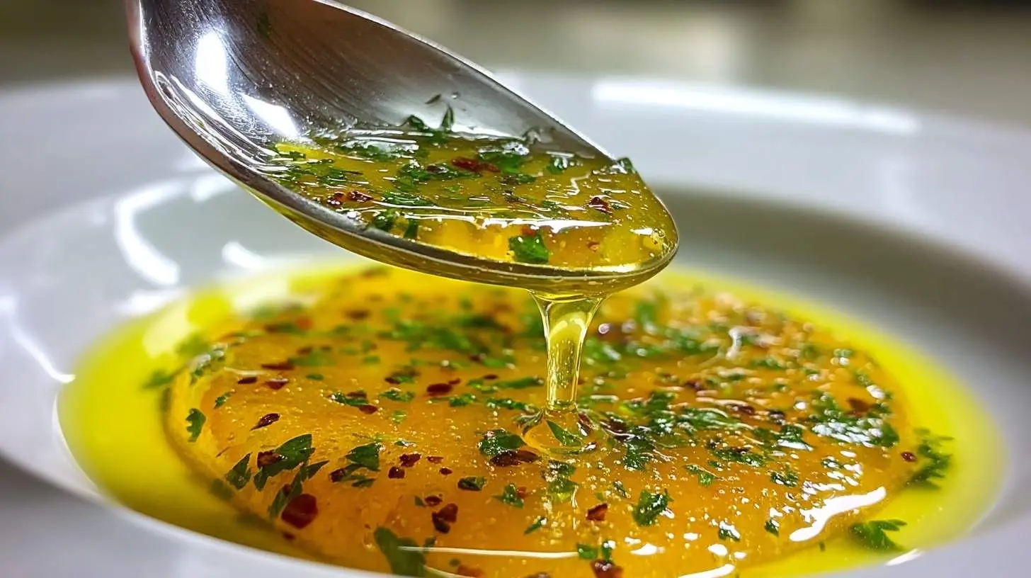 Lemon Vinaigrette Dressing 1 A spoonful of golden Lemon Vinaigrette Dressing, mixed with green herbs and red chili flakes, drips into a dish.
