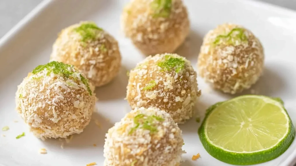 Homemade Lime Pie Energy Bites coated in shredded coconut and topped with fresh lime zest, next to a lime slice on a white plate.