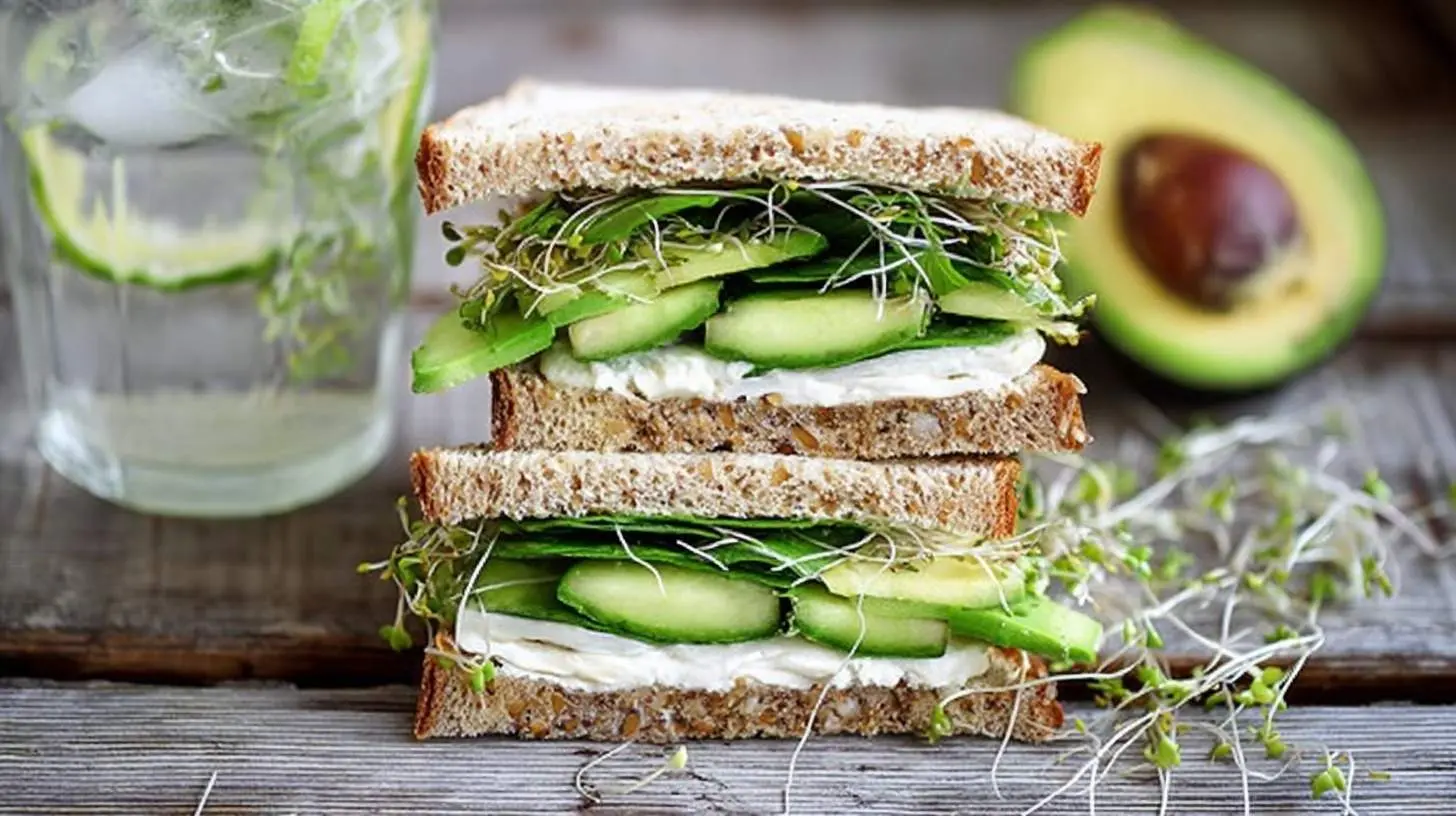 A vibrant Loaded Cucumber and Avocado Sandwich stacked on whole grain bread with cream cheese, sprouts, and fresh lime water.