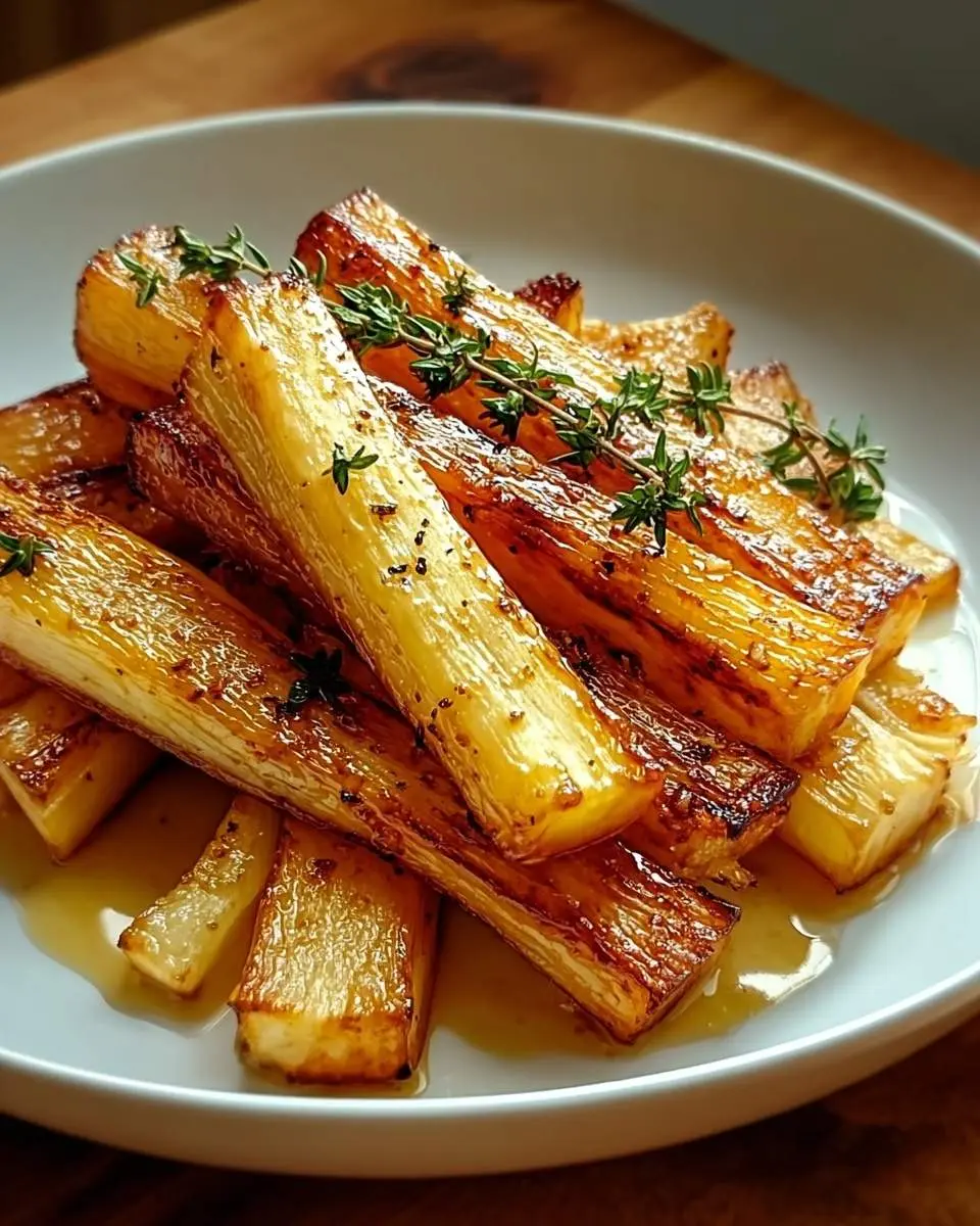 A close-up shot of golden-brown Maple Roasted Parsnips garnished with fresh thyme, served in a white bowl with a glistening maple glaze.