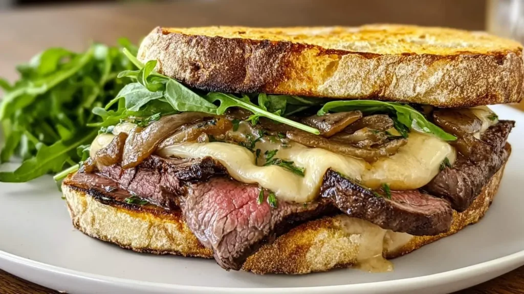 A close-up of a delicious Marry Me Steak Sandwich with perfectly grilled steak, melted cheese, caramelized onions, and fresh arugula on toasted bread.