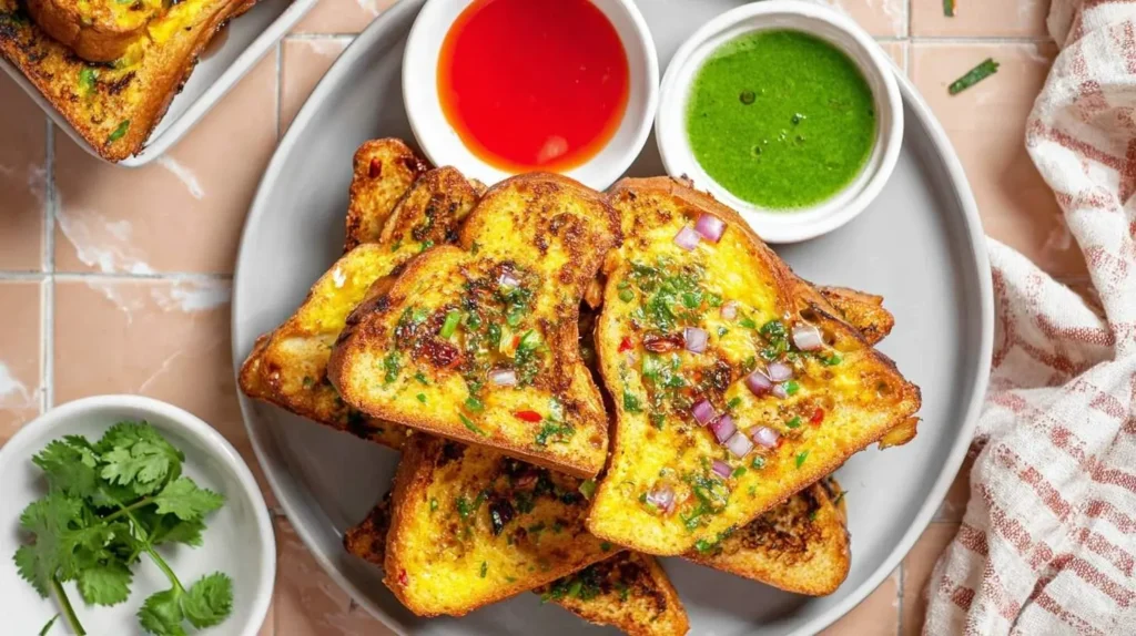 A large gray plate filled with savory Masala French Toast slices, topped with red onion and green herbs, served with red and green dipping sauces.