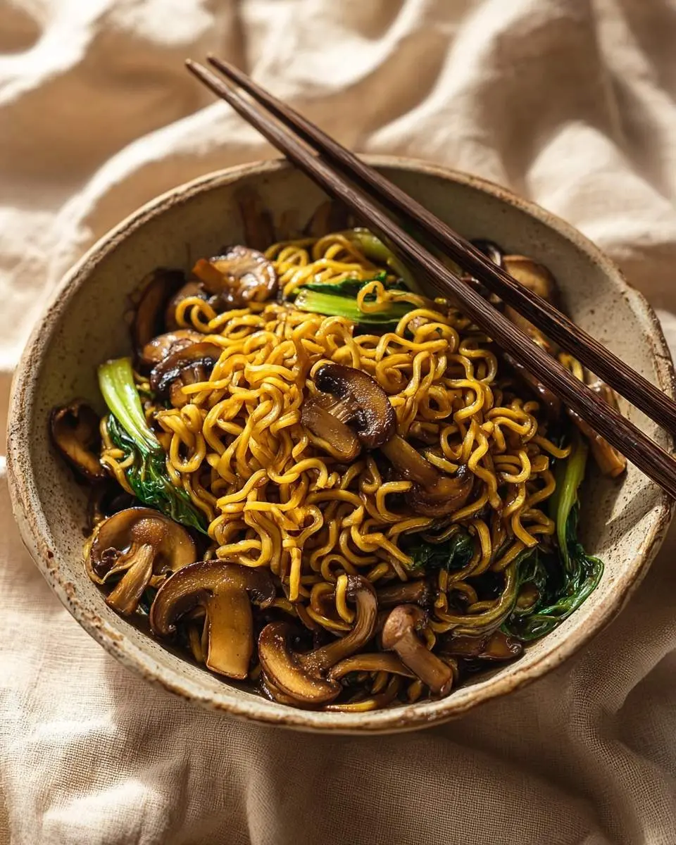 A rustic bowl of savory Mushroom Ramen Noodles with sliced mushrooms, green vegetables, and chopsticks on a textured cloth.