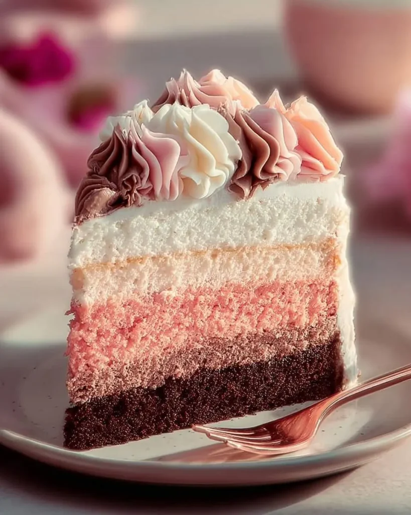 A vibrant slice of Neapolitan Cake with gradient pink and chocolate layers, crowned with white, pink, and brown frosting swirls.