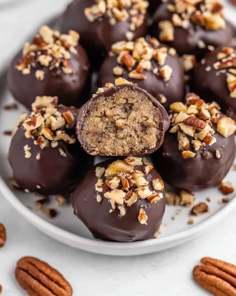 Dark chocolate-covered No Bake Pecan Pie Balls topped with chopped pecans, with one cut open to reveal the nutty filling.