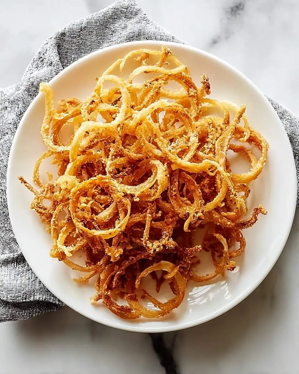 A close-up top-down view of crispy golden-brown onion strings piled high on a white plate, set on a marble surface.