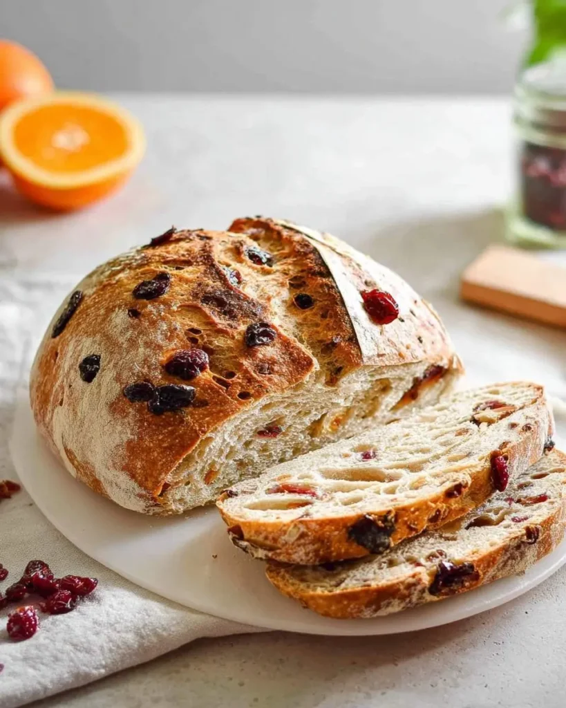 A rustic loaf of Orange Cranberry Sourdough Bread, partially sliced on a white plate, with a fresh orange in the background.