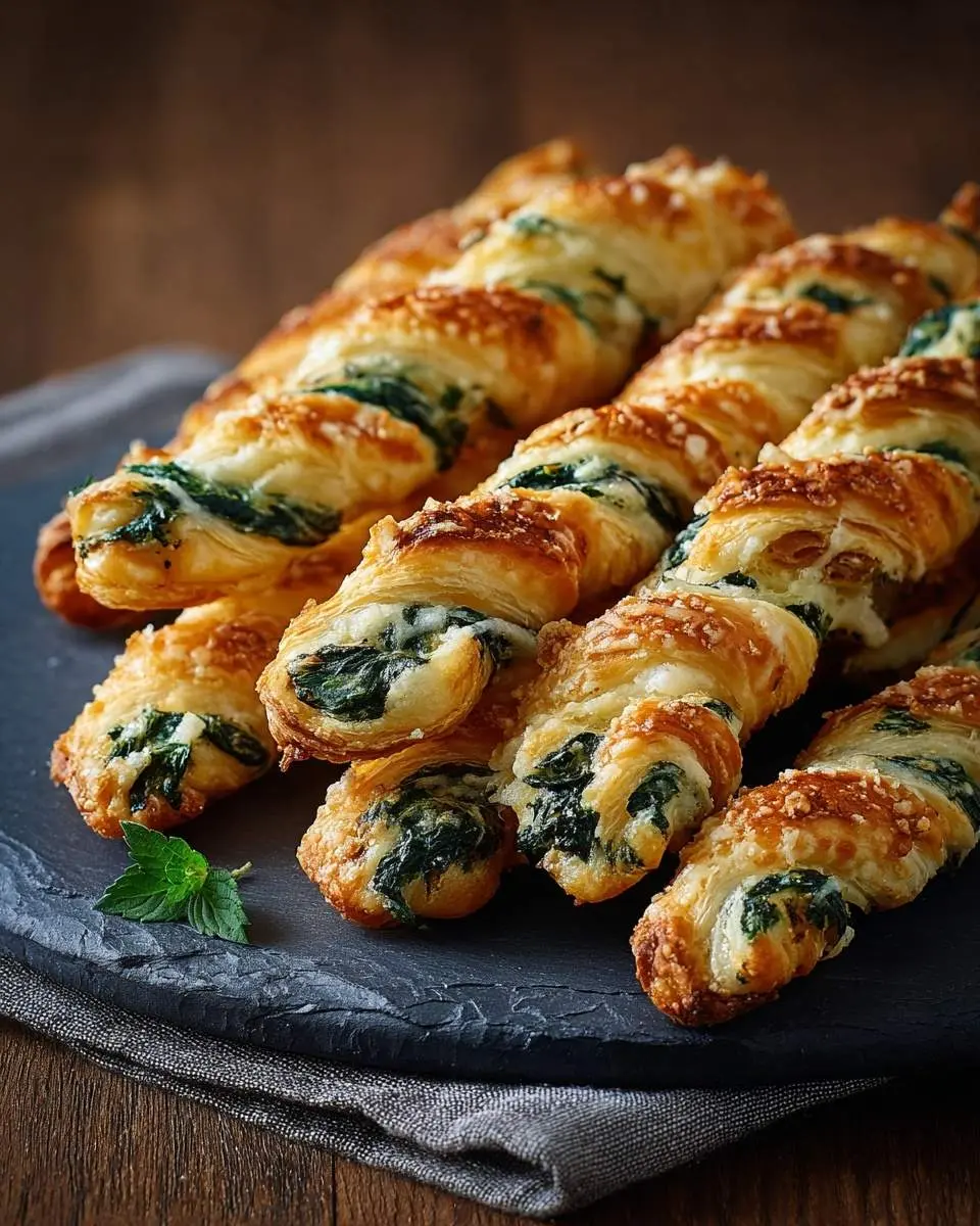 A close-up shows a row of golden-brown Parmesan and Spinach Cheese Twists with flaky pastry and green filling on a dark slate board.