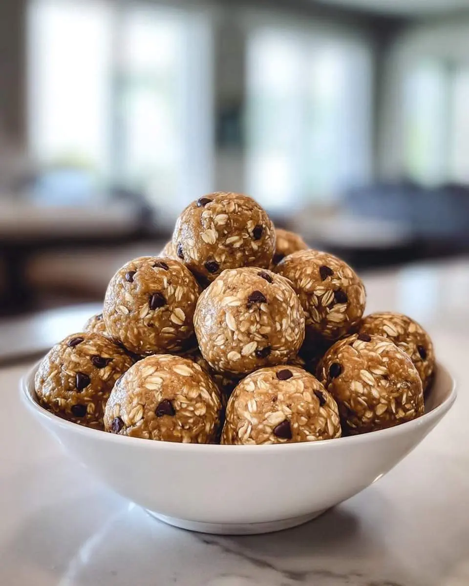 A white bowl filled with delicious homemade Peanut Butter Protein Balls, featuring visible oats and mini chocolate chips, on a white marble surface.