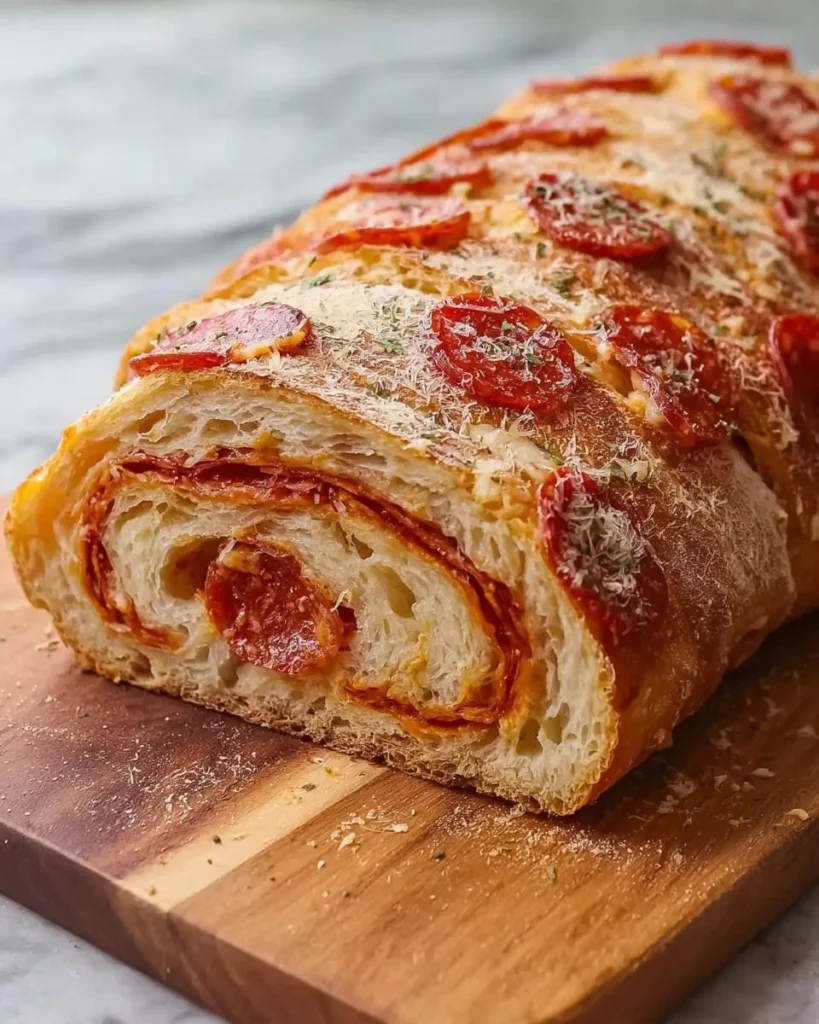 A freshly sliced Pepperoni Roll Sourdough Bread rests on a wooden board, revealing its savory pepperoni swirl and cheesy herb topping.