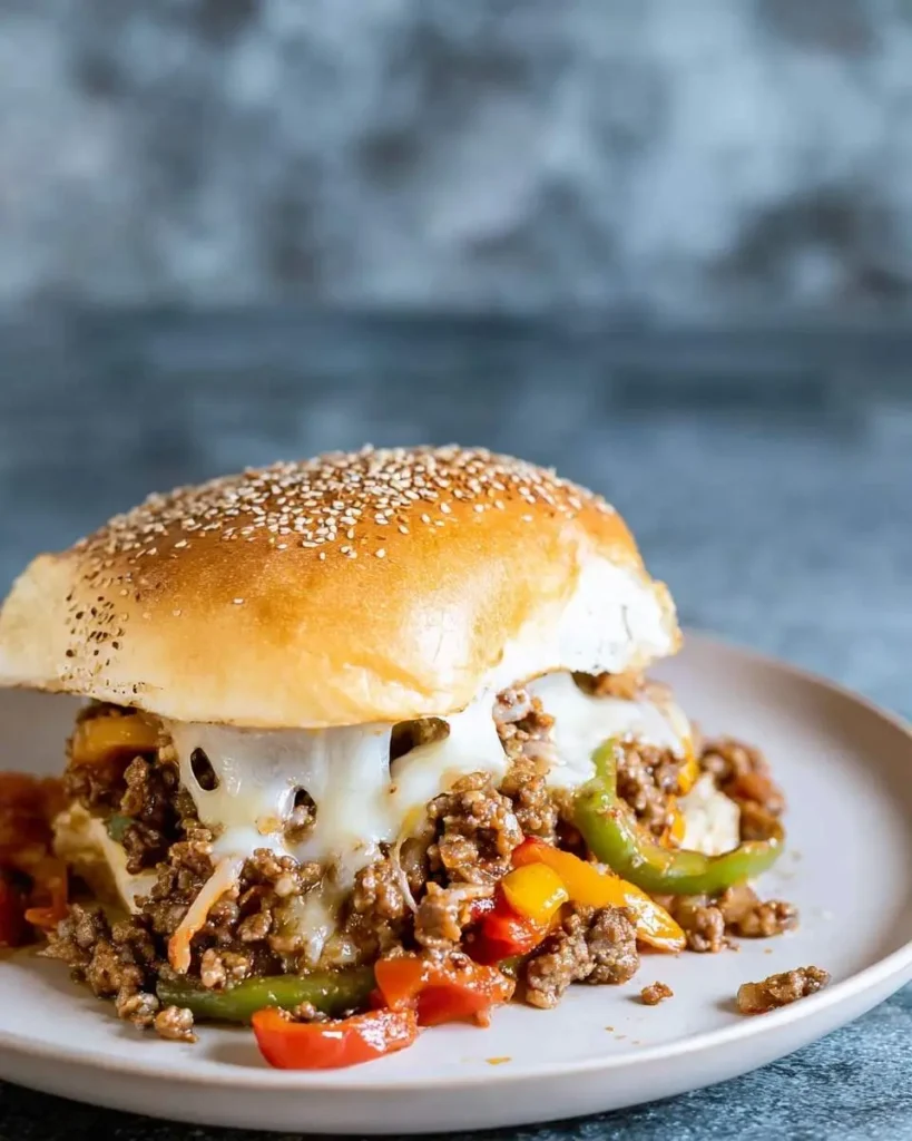 A delicious PHILLY CHEESESTEAK SLOPPY JOES sandwich, packed with ground meat, melted cheese, and colorful bell peppers on a sesame bun.