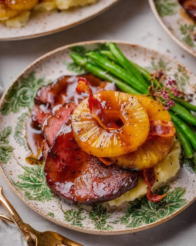 A close-up of a serving of Pineapple Brown Sugar Glazed Beef with caramelized pineapple rings, crispy bacon, mashed potatoes, and green beans on a decorative plate.