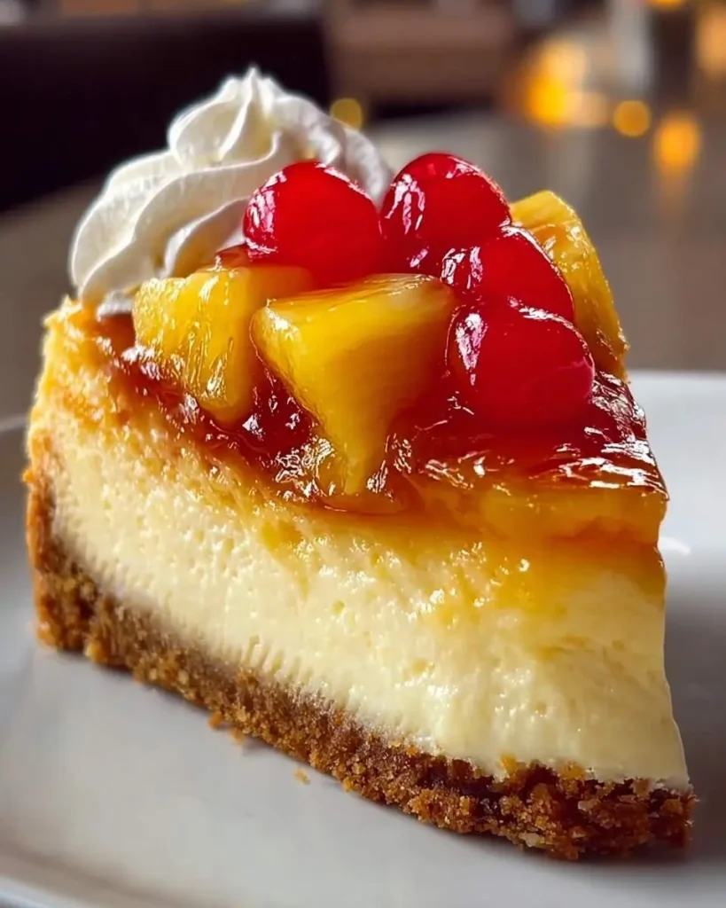 A delicious slice of Pineapple Upside-Down Cheesecake with a graham cracker crust, creamy filling, pineapple, cherries, and whipped cream.