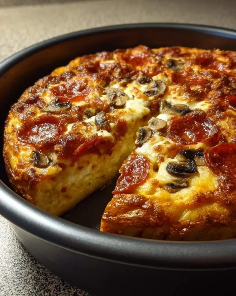 A delicious, golden-brown Pizza Pot Pie in a black round pan, topped with melted cheese, pepperoni, and mushrooms, with a slice removed.