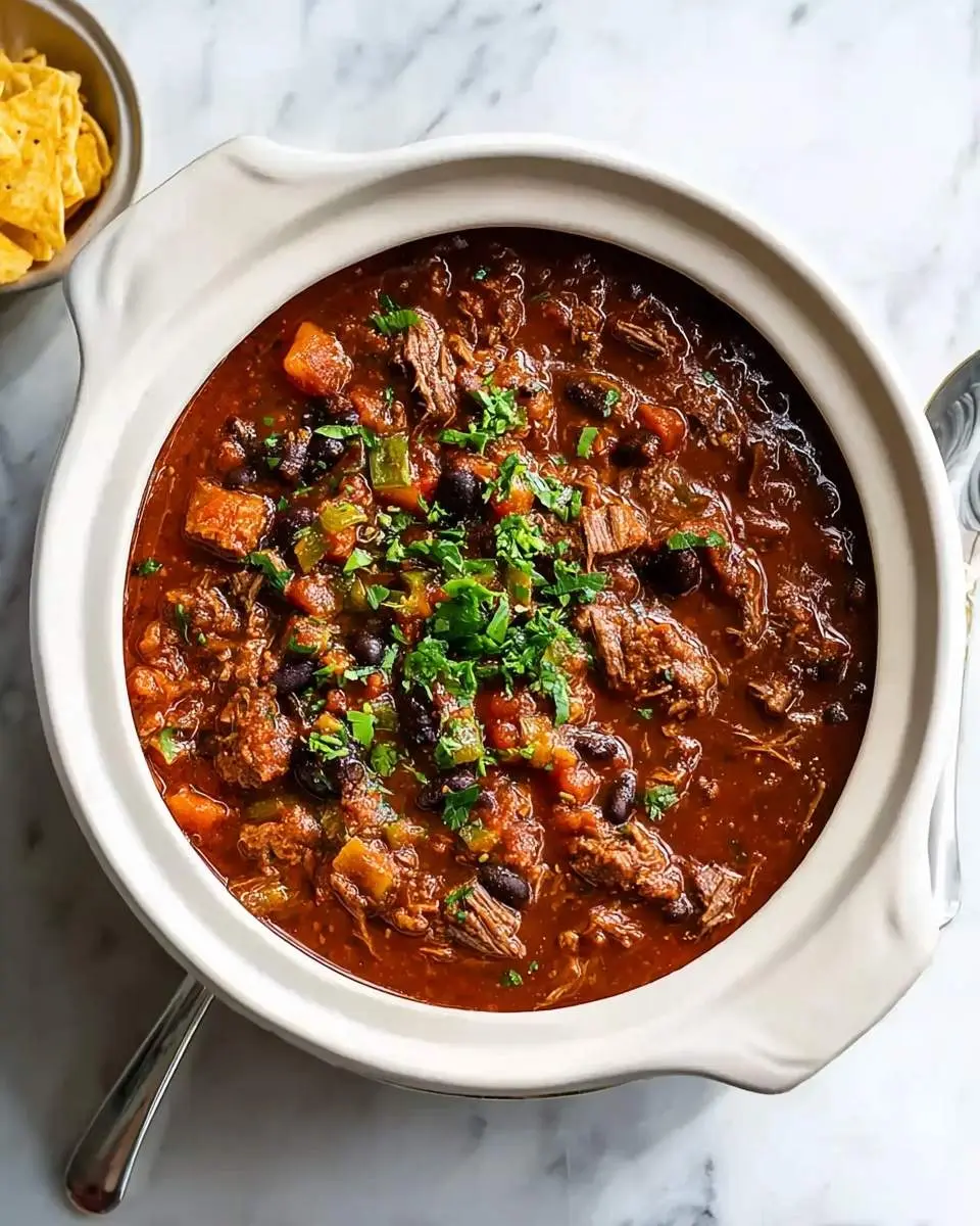 A close-up shot of a white crockpot overflowing with delicious Prime Rib Chili, garnished with fresh herbs, alongside tortilla chips.