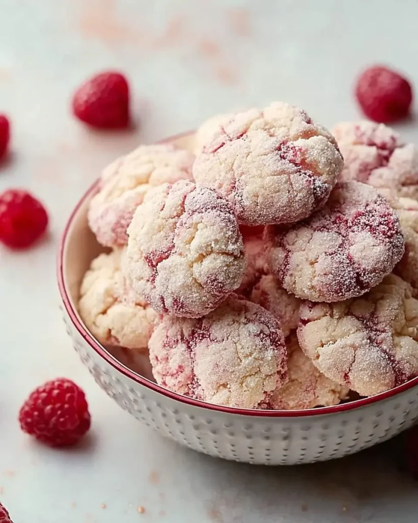 A bowl overflowing with delightful Raspberry Sugar Cookies, dusted with sugar and fresh raspberries scattered around.