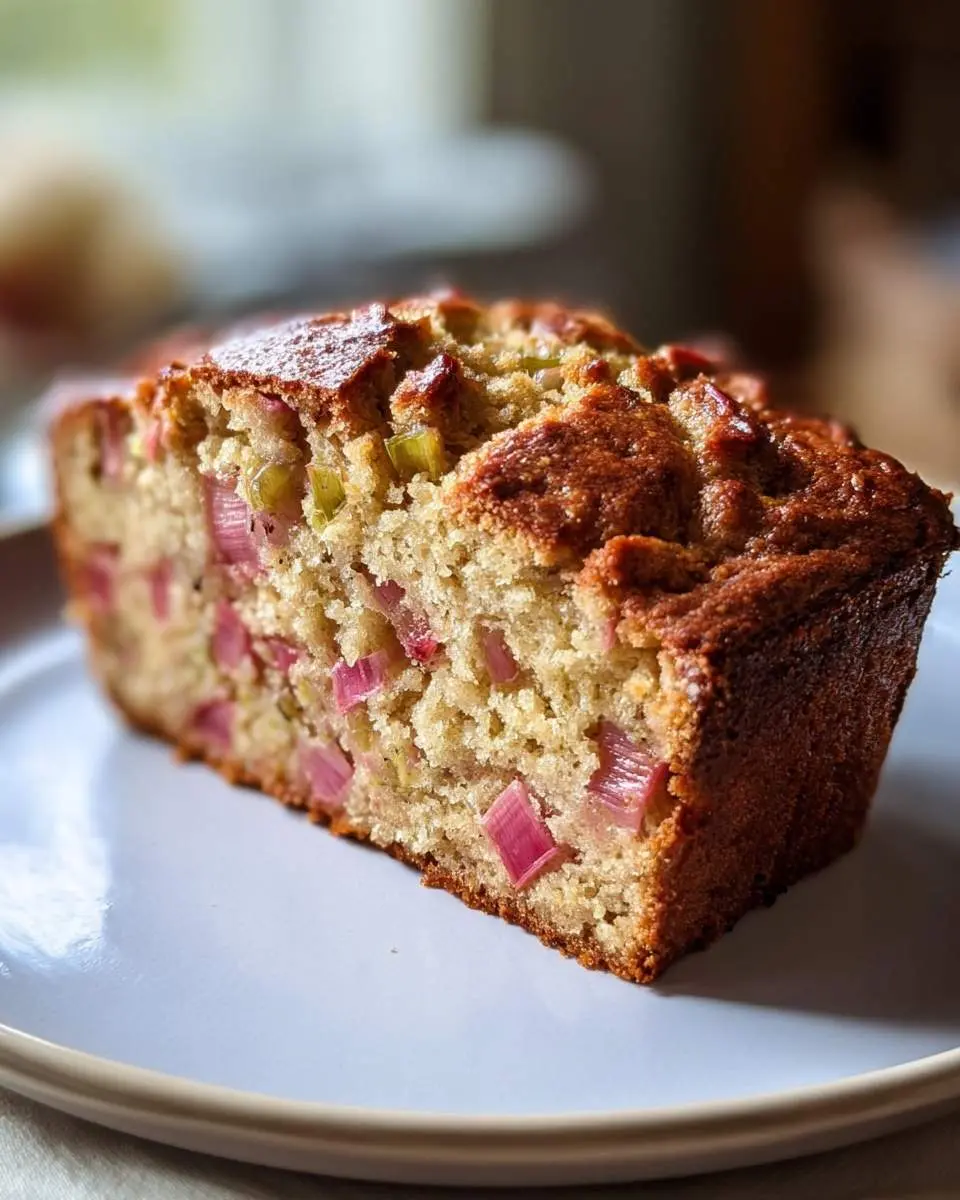 A delicious slice of golden-brown Rhubarb Bread, studded with vibrant pink and green rhubarb pieces, resting on a white plate.