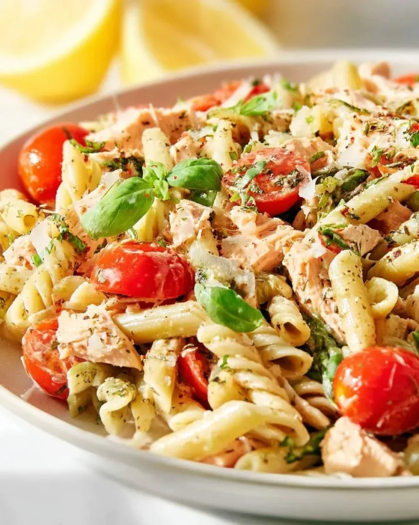 A close-up of a vibrant Salmon Pasta Salad on a white plate, featuring pasta, cherry tomatoes, flaked salmon, fresh basil, and herbs, with lemons blurred in the background.