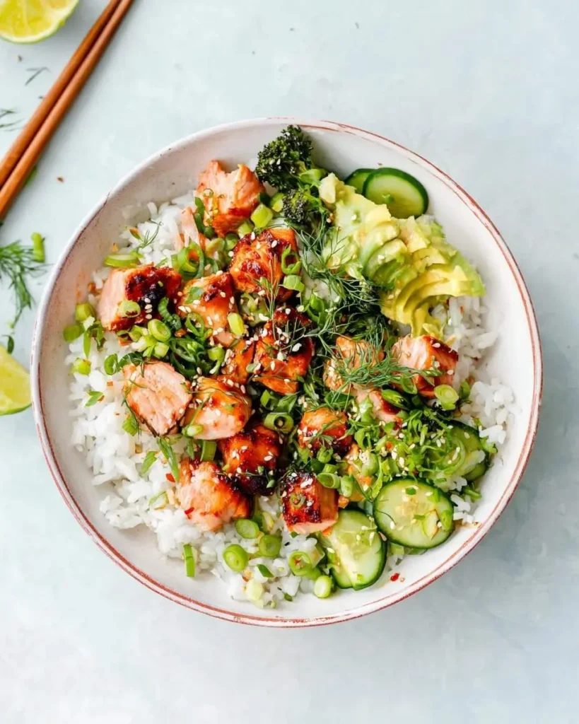 An overhead view of a vibrant salmon rice bowl featuring glazed salmon pieces, white rice, green onions, avocado, cucumbers, and fresh dill.