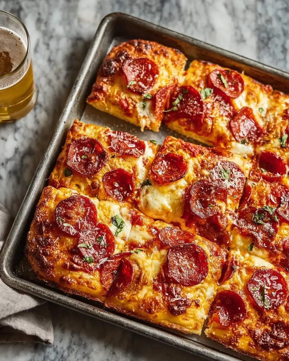 A golden, bubbly pepperoni Sheet Pan Pizza, freshly baked and sliced in a metal pan, with a frosty glass of beer beside it.