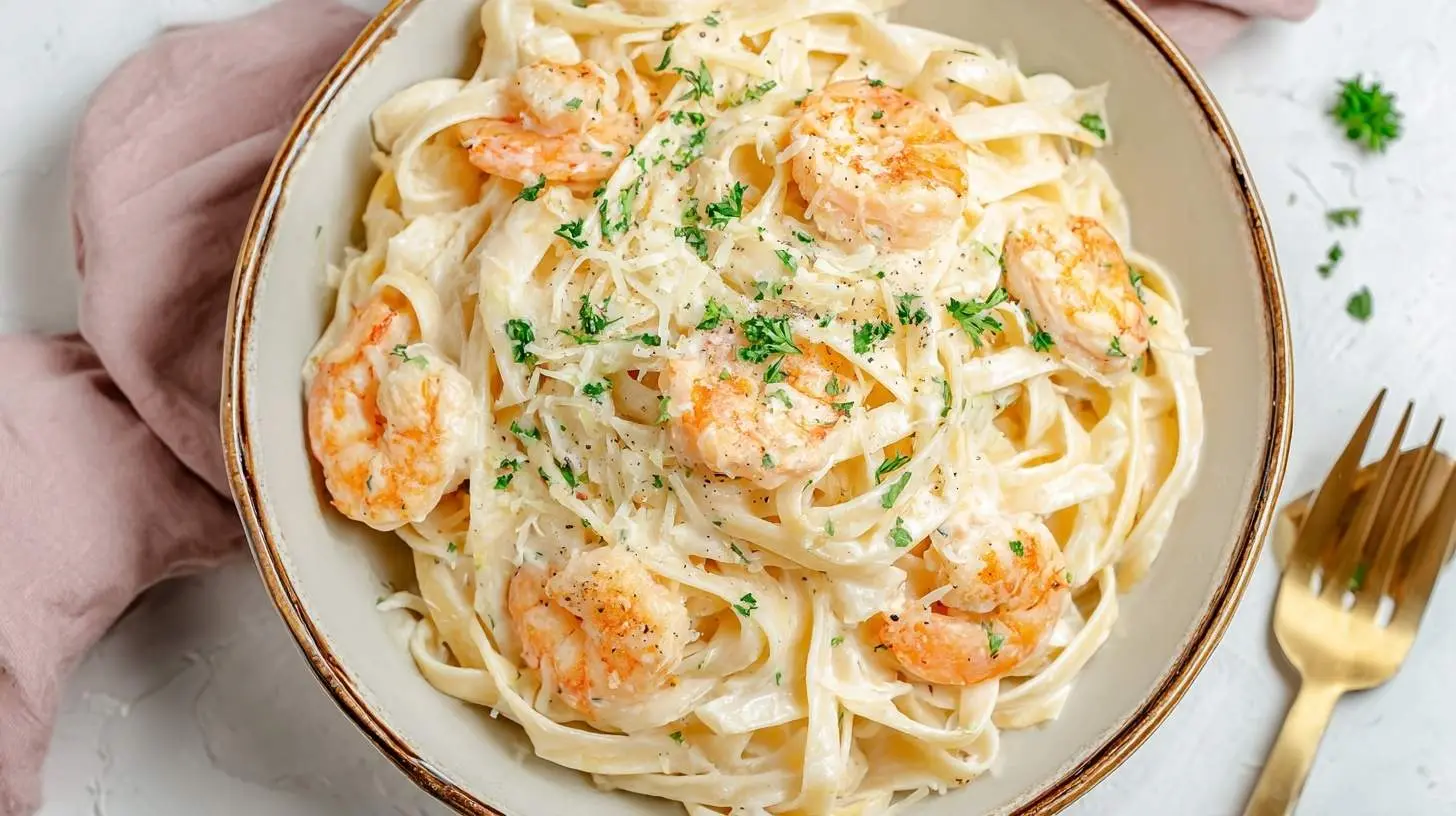 A close-up overhead shot of a creamy bowl of Shrimp Alfredo Fettuccine, garnished with fresh parsley and grated cheese.
