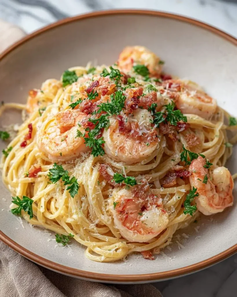 A close-up shot of a creamy Shrimp Carbonara dish served in a light brown bowl, garnished with fresh parsley, crispy bacon bits, and grated Parmesan cheese.