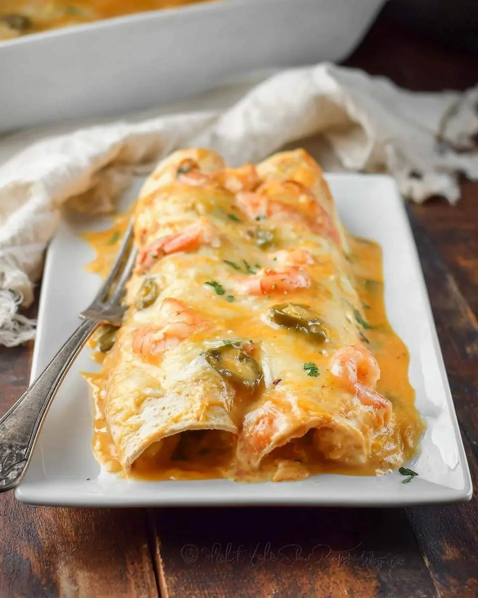 A close-up of three cheesy Shrimp Enchiladas smothered in creamy sauce, topped with shrimp and jalapeño slices on a white plate.