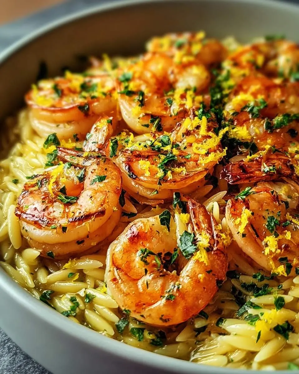 A close-up of delicious Shrimp Orzo in Lemon Garlic Sauce, garnished with fresh parsley and lemon zest in a grey bowl.