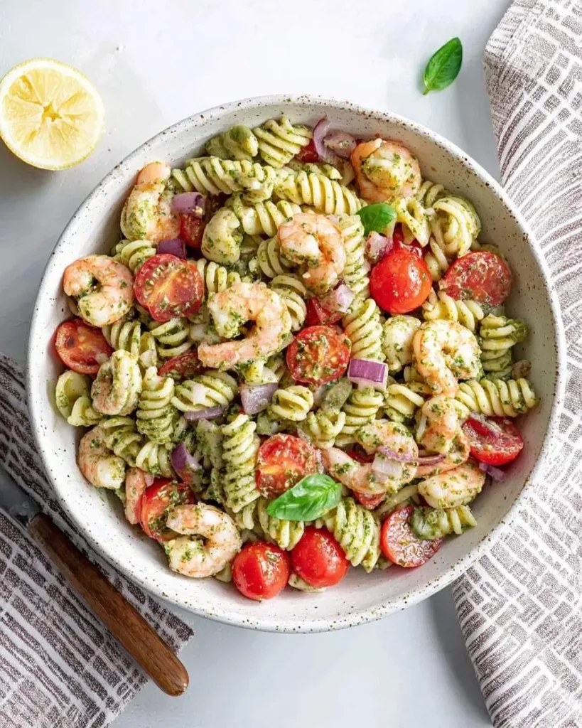 A fresh shrimp pasta salad in a white bowl, featuring rotini pasta, succulent shrimp, halved cherry tomatoes, and red onion, with lemon.