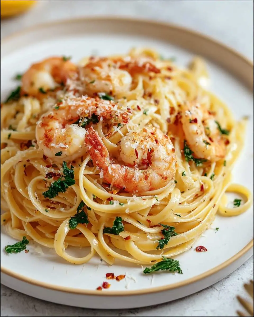 A close-up shot of a white plate filled with creamy Shrimp Scampi Pasta, garnished with cooked shrimp, parsley, cheese, and chili flakes.