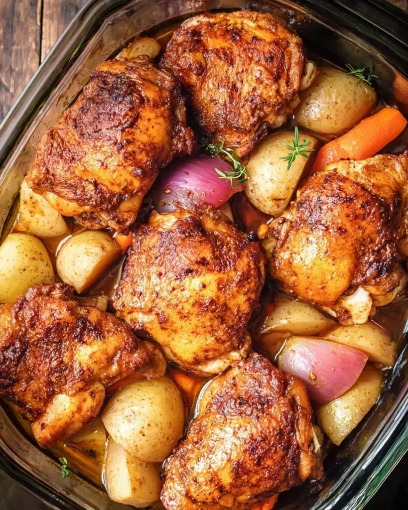 Golden brown Slow Cooker Chicken Thighs are baked with baby potatoes, red onions, and carrots in a clear baking dish.